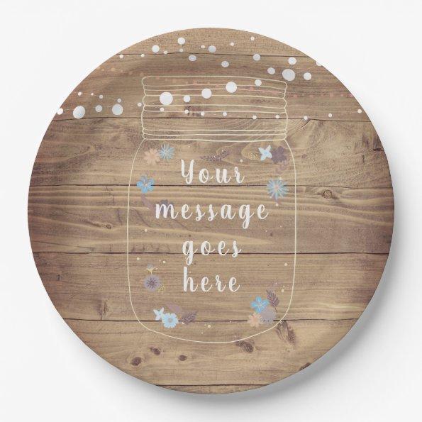 Rustic String Lights Mason Jar Your Message Paper Plates