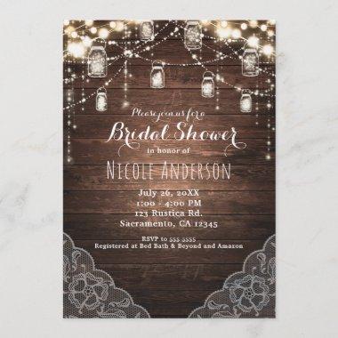 Rustic String Lights Mason Jars Lace Country Glam Invitations