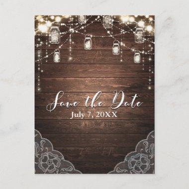 Rustic String Lights Mason Jars Lace Save the Date Announcement PostInvitations