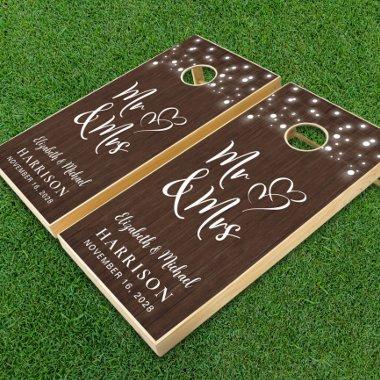 Rustic String Lights Mr Mrs Wedding Wood Cornhole Set