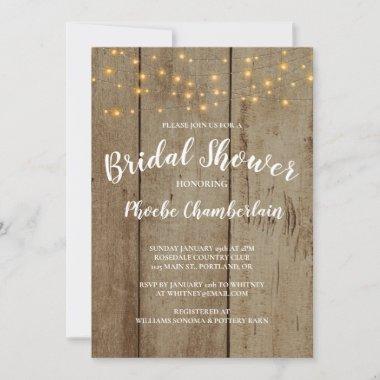 Rustic String Lights On Faux Wood Bridal Shower Invitations