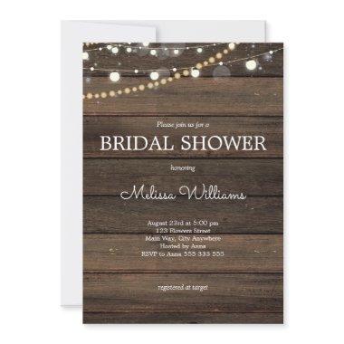 Rustic String Lights Wood Bridal Shower Invitations