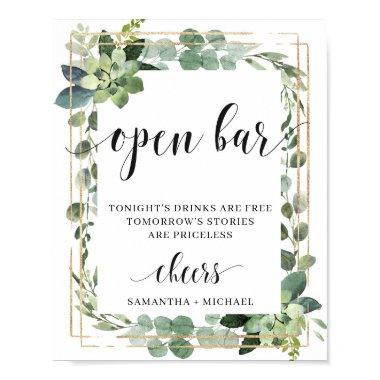 Rustic succulent greenery foliage open bar sign