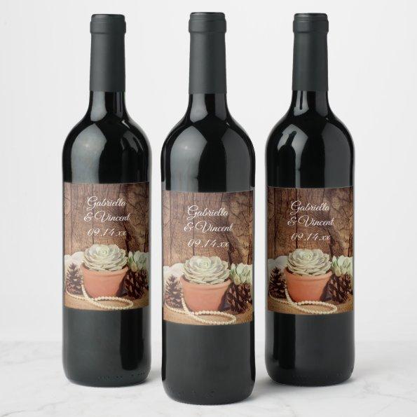 Rustic Succulents and Barn Wood Wedding Wine Label