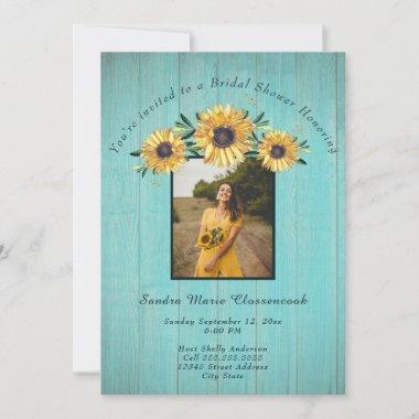 Rustic Sunflower Aqua Wood Wedding Bridal Shower I Invitations