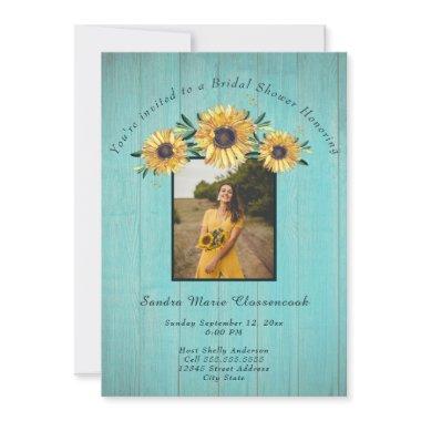 Rustic Sunflower Aqua Wood Wedding Bridal Shower I Invitations