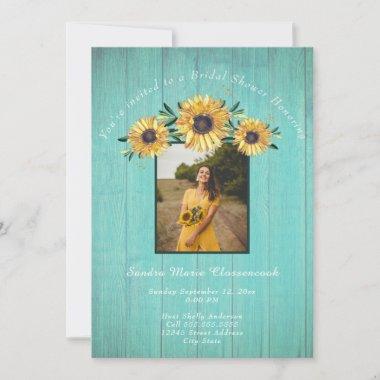 Rustic Sunflower Aqua Wood Wedding Bridal Shower I Invitations
