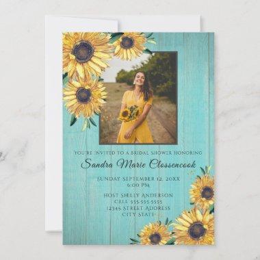 Rustic Sunflower Aqua Wood Wedding Bridal Shower Invitations