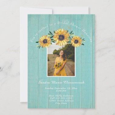 Rustic Sunflower Aqua Wood Wedding Bridal Shower  Invitations