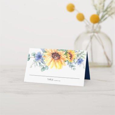 Rustic Sunflower Blue Floral Wedding Guest Name Place Invitations