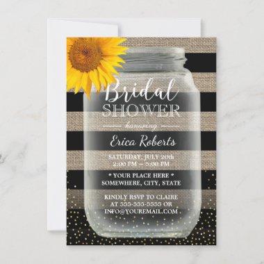 Rustic Sunflower Bridal Shower Mason Jar & Stripes Invitations