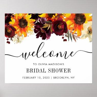 Rustic Sunflower Burgundy Bridal Shower Welcome Poster