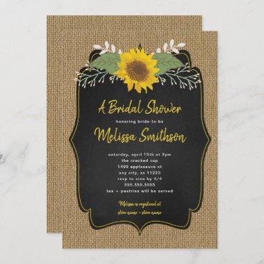 Rustic Sunflower Burlap Chalkboard Bridal Shower Invitations
