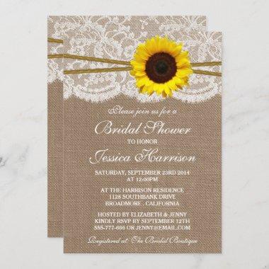 Rustic Sunflower, Burlap & Lace Bridal Shower Invitations