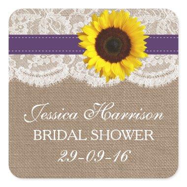 Rustic Sunflower, Burlap & Lace Bridal Shower Square Sticker