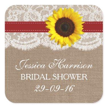 Rustic Sunflower, Burlap & Lace Bridal Shower Square Sticker