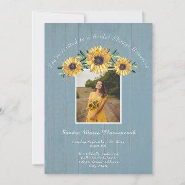 Rustic Sunflower Dusty Blue Wedding Bridal Shower Invitations