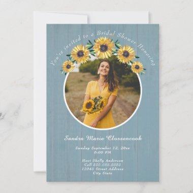 Rustic Sunflower Dusty Blue Wedding Bridal Shower Invitations
