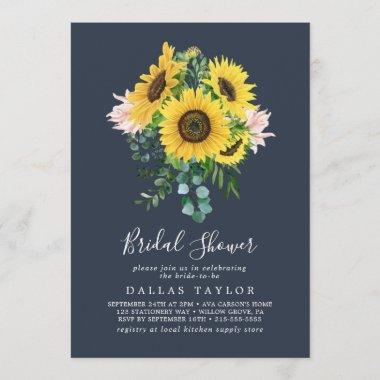 Rustic Sunflower Eucalyptus | Navy Bridal Shower Invitations