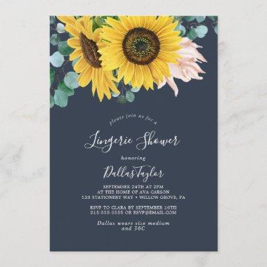 Rustic Sunflower Eucalyptus | Navy Lingerie Shower Invitations