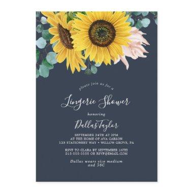 Rustic Sunflower Eucalyptus | Navy Lingerie Shower Invitations