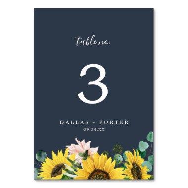 Rustic Sunflower Eucalyptus | Navy Table Number