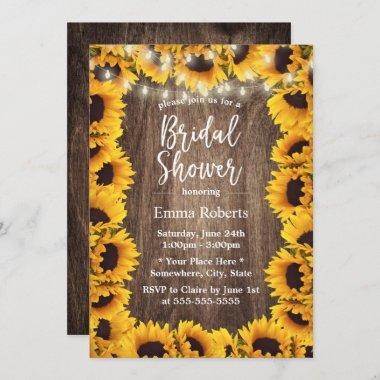 Rustic Sunflower Frame String Lights Bridal Shower Invitations