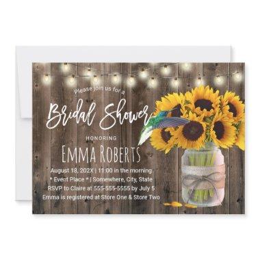 Rustic Sunflower Jar & Hummingbird Bridal Shower Invitations