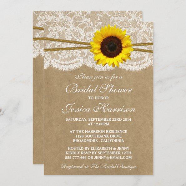 Rustic Sunflower Kraft Lace & Twine Bridal Shower Invitations