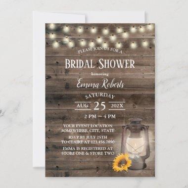 Rustic Sunflower Lantern Barn Wood Bridal Shower Invitations