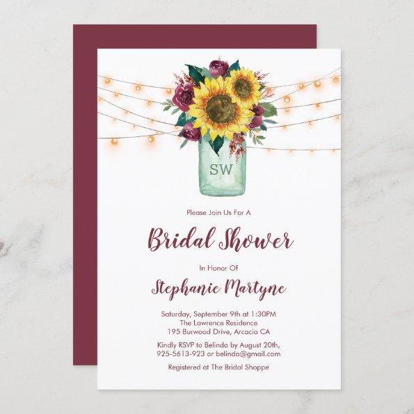 Rustic Sunflower Lights Mason Jar Bridal Shower Invitations