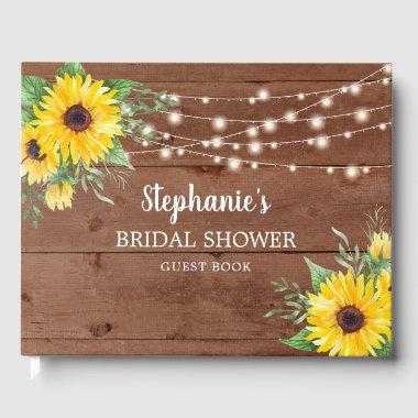 Rustic Sunflower Lights Wood  Guest Book