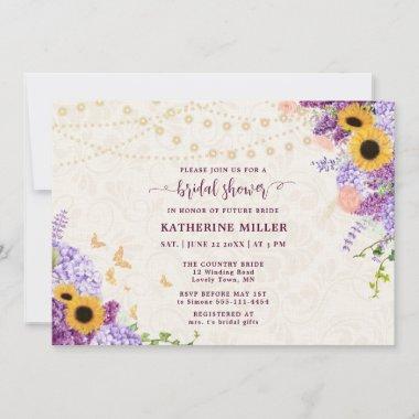 Rustic Sunflower Lilac Beige Linen Bridal Shower Invitations