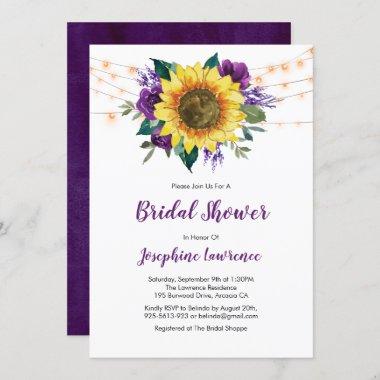 Rustic Sunflower Purple Floral Bridal Shower Invitations