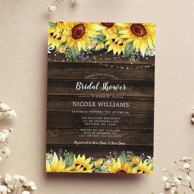 Rustic Sunflower String Lights Bridal Shower Invitations