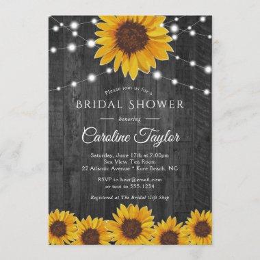 Rustic Sunflower String Lights Gray Bridal Shower Invitations