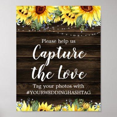 Rustic Sunflower String Lights Wedding Hashtag Poster
