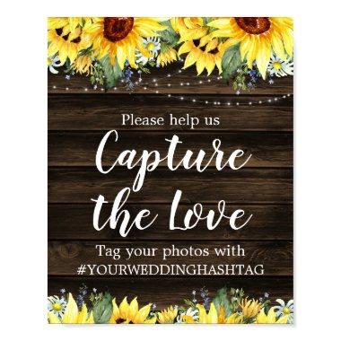 Rustic Sunflower String Lights Wedding Hashtag Poster