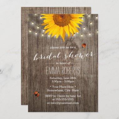Rustic Sunflower String Lights Wood Bridal Shower Invitations