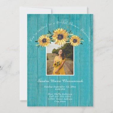 Rustic Sunflower Teal Wood Wedding Bridal Shower  Invitations