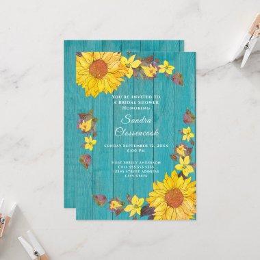 Rustic Sunflower Teal Wood Wedding Bridal Shower Invitations