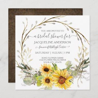 Rustic Sunflower Watercolor Floral Bridal Shower Invitations