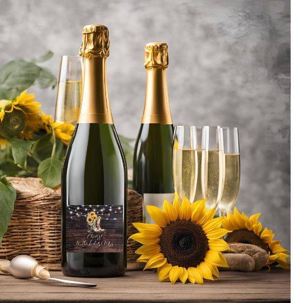 Rustic Sunflower Wood Lights Cheers Sparkling Wine Label
