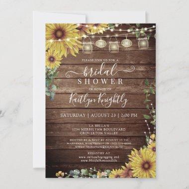 Rustic Sunflower Wood String Lights Bridal Shower Invitations