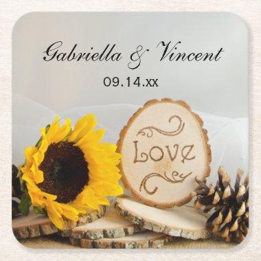 Rustic Sunflower Woodland Wedding Square Paper Coaster