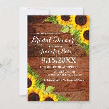 Rustic Sunflowers Fern Wood Bridal Shower Invites
