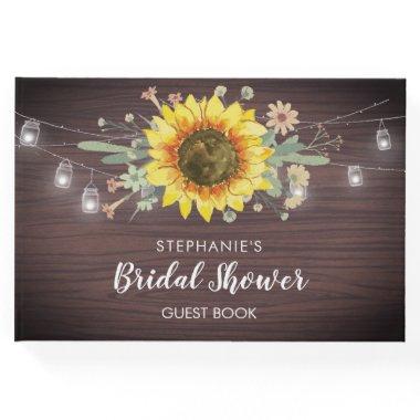 Rustic Sunflowers Jar Lights Wood Bridal Shower Guest Book