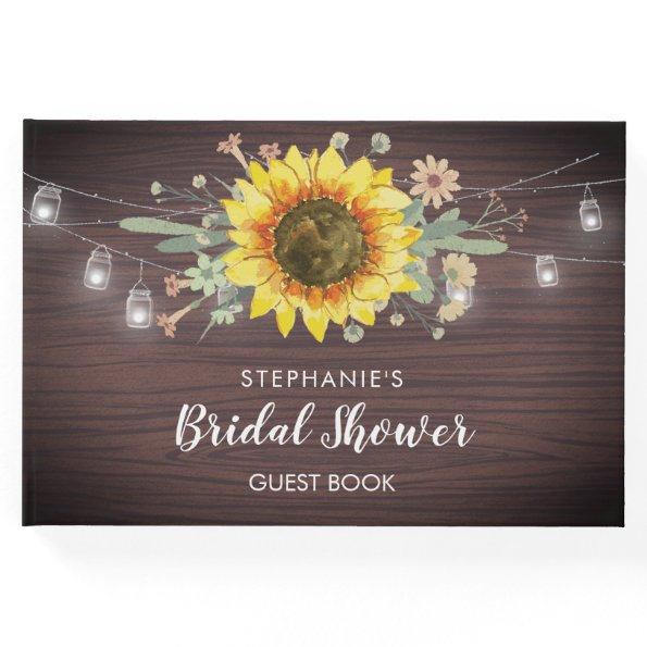 Rustic Sunflowers Jar Lights Wood  Guest Book