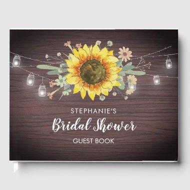 Rustic Sunflowers Jar Lights Wood  Guest Book