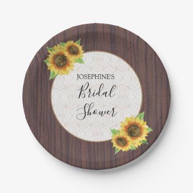 Rustic Sunflowers Lace Wood Bridal Shower Paper Plates